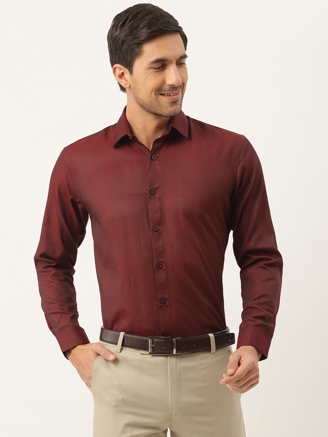 Men's Cotton Burgundy Self Design Classic Formal Shirt