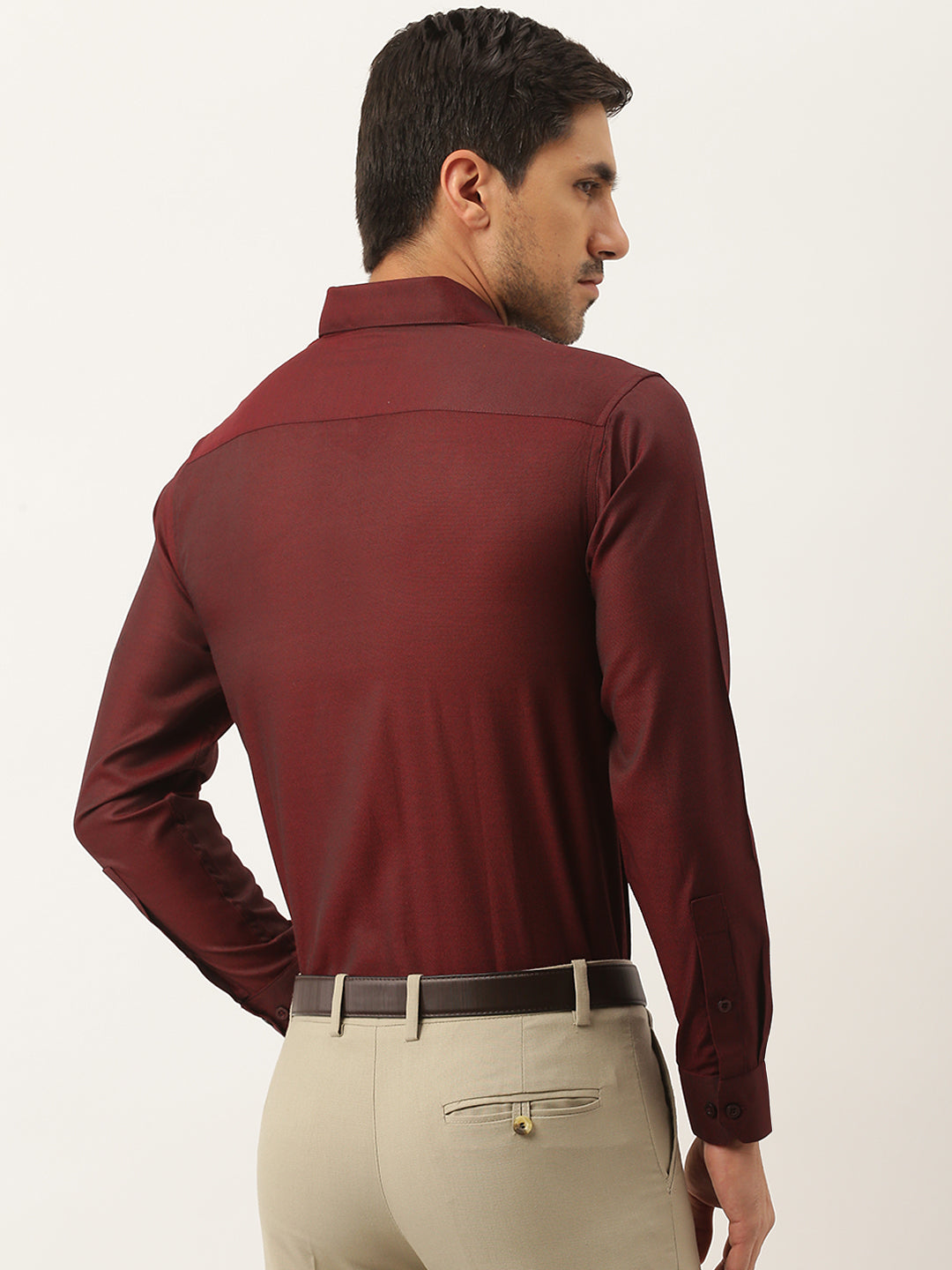 Men's Cotton Burgundy Self Design Classic Formal Shirt