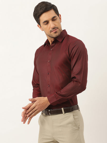 Men's Cotton Burgundy Self Design Classic Formal Shirt