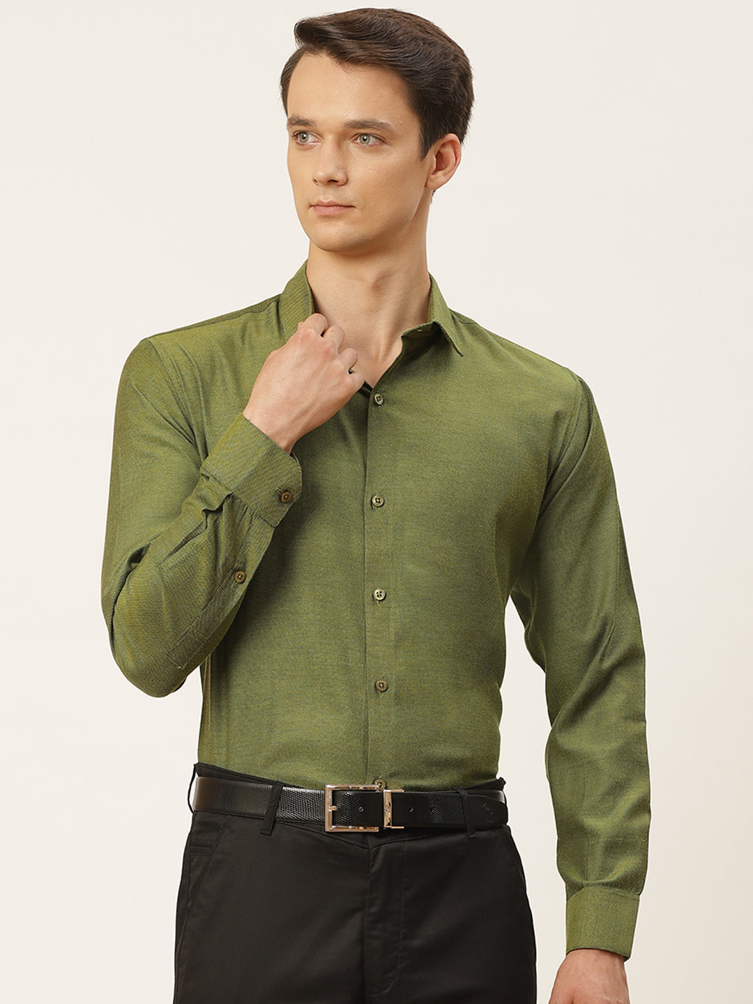 Men's Cotton Moss Green Self Design Classic Formal Shirt