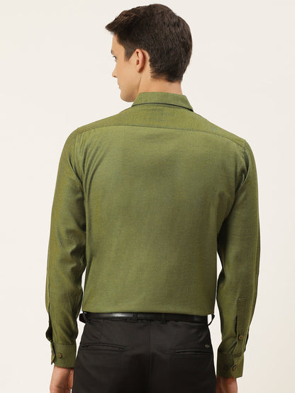 Men's Cotton Moss Green Self Design Classic Formal Shirt