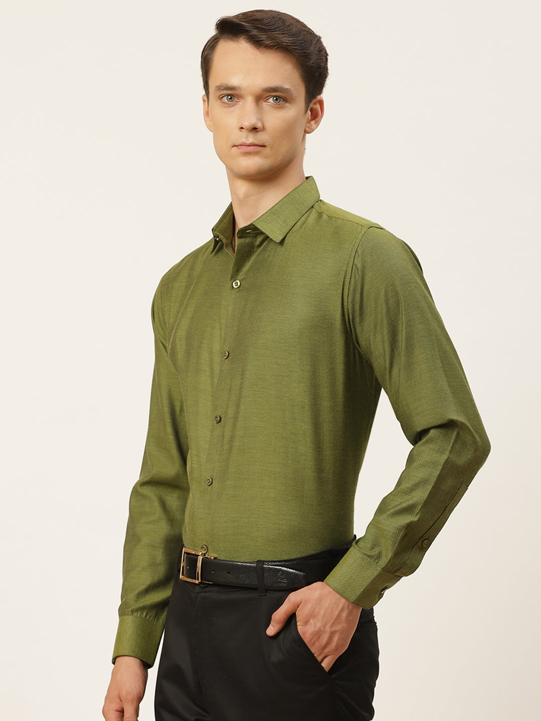 Men's Cotton Moss Green Self Design Classic Formal Shirt