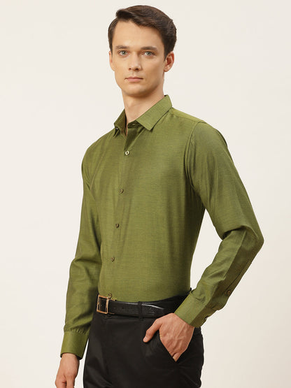 Men's Cotton Moss Green Self Design Classic Formal Shirt