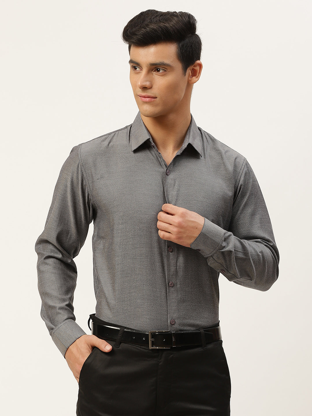 Men's Cotton Charcoal Grey Self Design Classic Formal Shirt