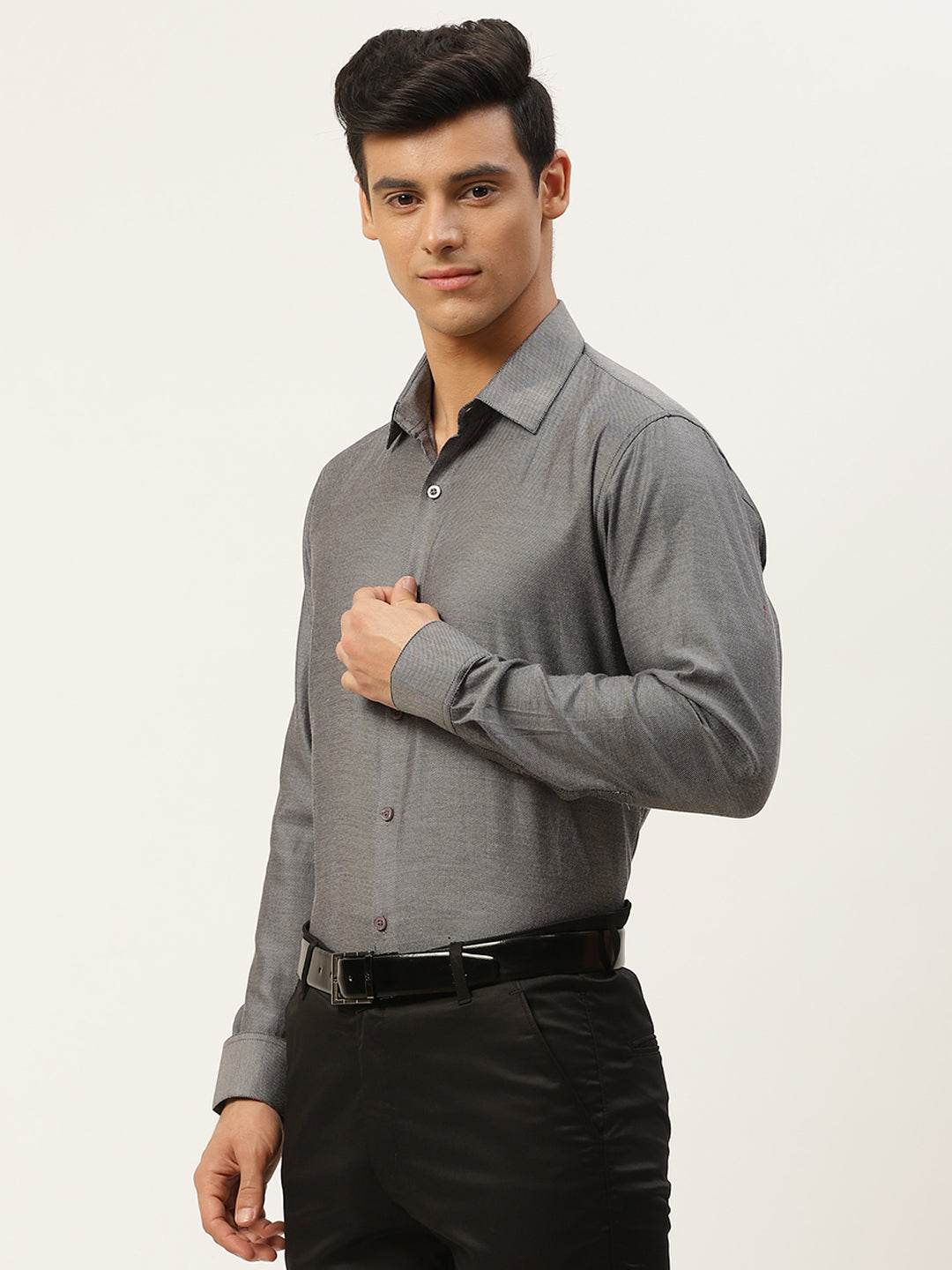 Men's Cotton Charcoal Grey Self Design Classic Formal Shirt