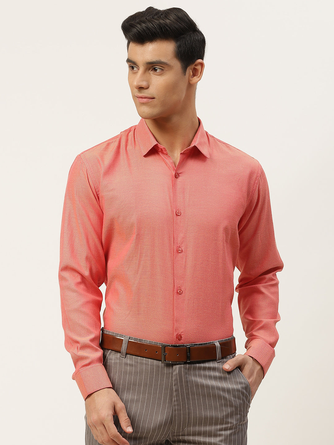 Men's Cotton Dark Peach Self Design Classic Formal Shirt