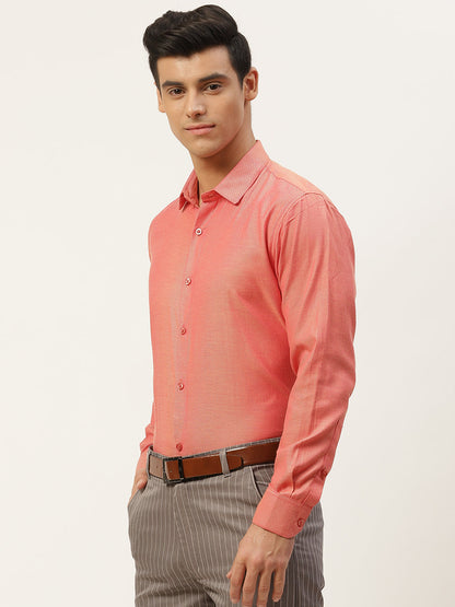 Men's Cotton Dark Peach Self Design Classic Formal Shirt