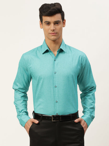 Mens Cotton Linen Turquoise Blue Solid Formal Shirt