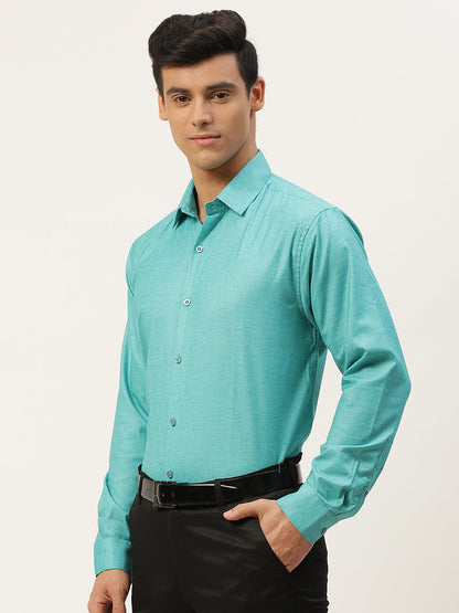 Mens Cotton Linen Turquoise Blue Solid Formal Shirt