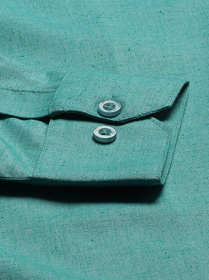 Mens Cotton Linen Turquoise Blue Solid Formal Shirt