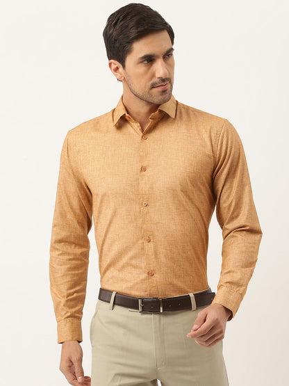 Mens Cotton Linen Mustard Solid Formal Shirt