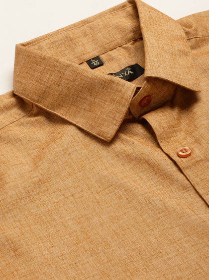 Mens Cotton Linen Mustard Solid Formal Shirt