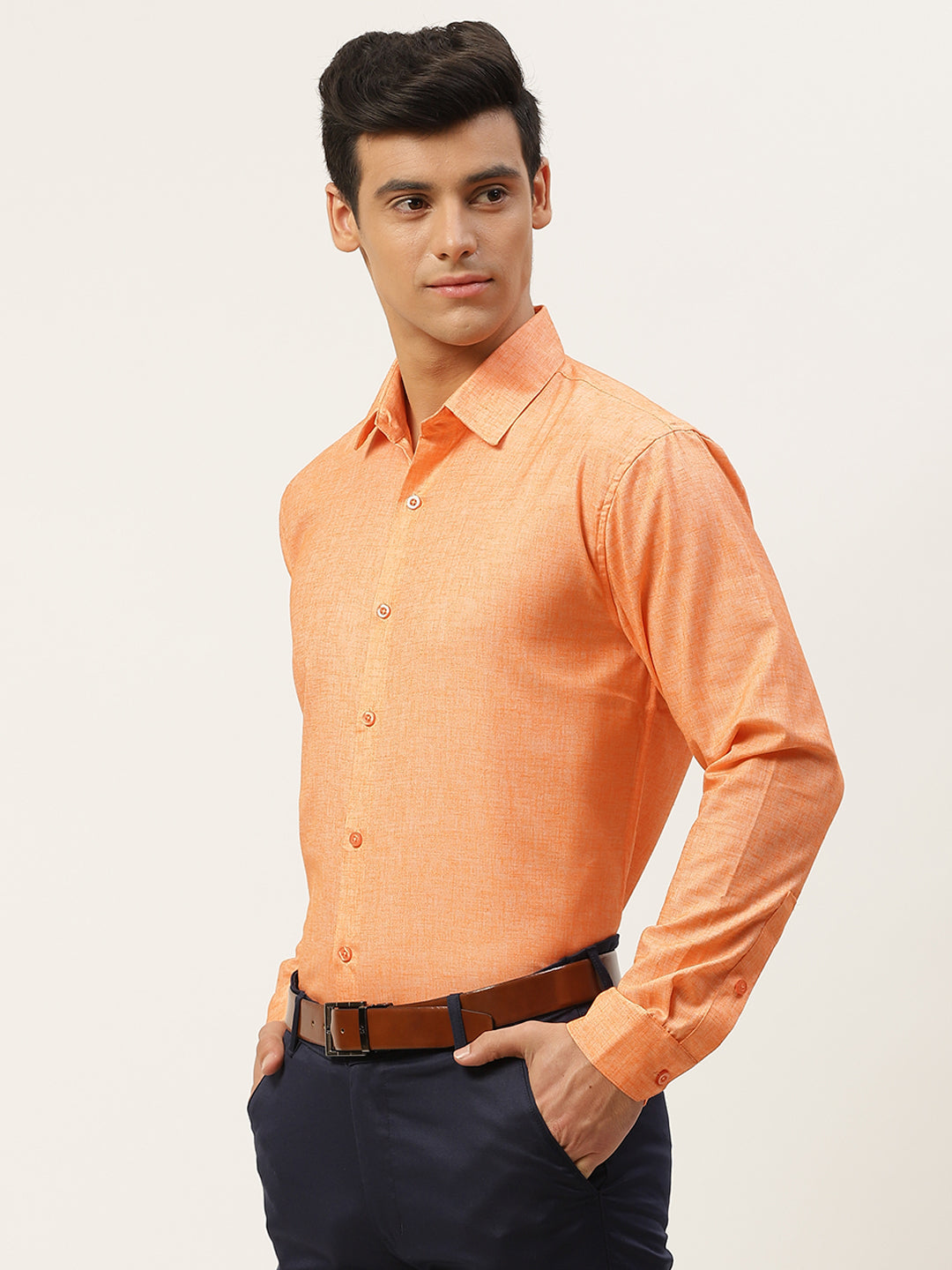 Mens Cotton Linen Orange Solid Formal Shirt