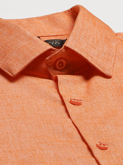 Mens Cotton Linen Orange Solid Formal Shirt