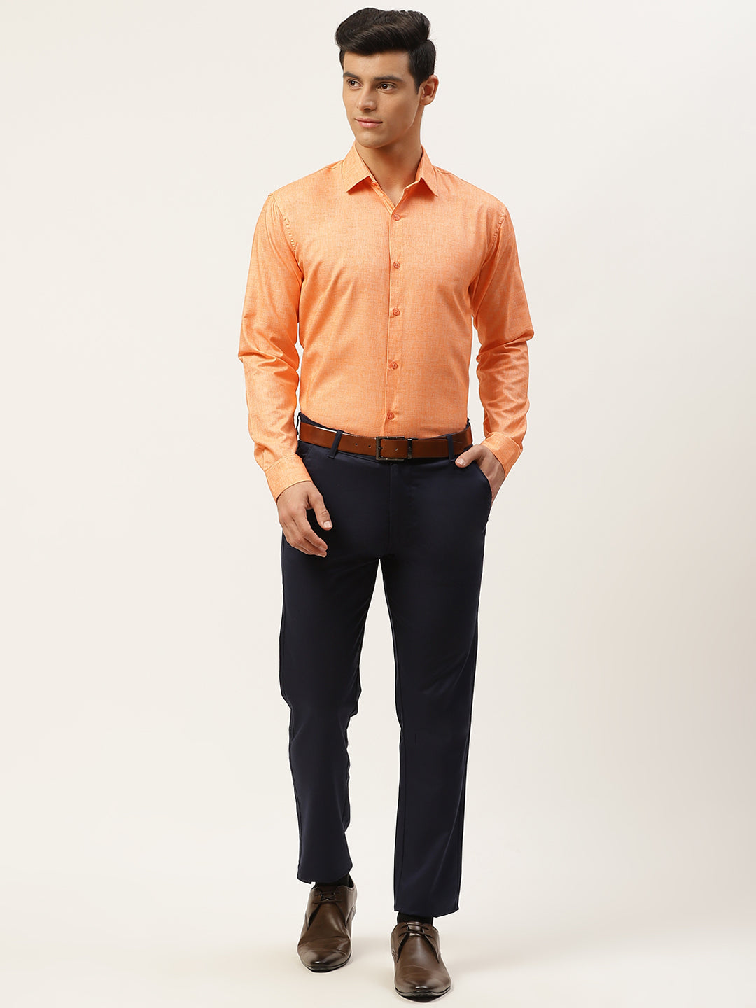 Mens Cotton Linen Orange Solid Formal Shirt