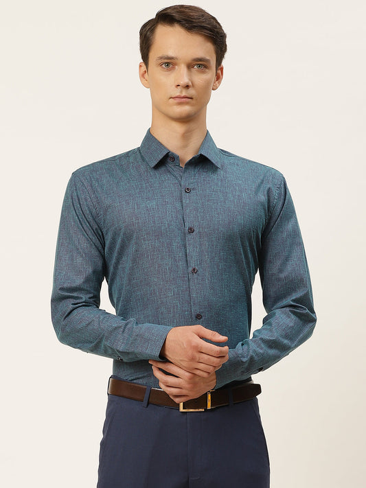 Mens Cotton Linen Teal Blue Solid Formal Shirt