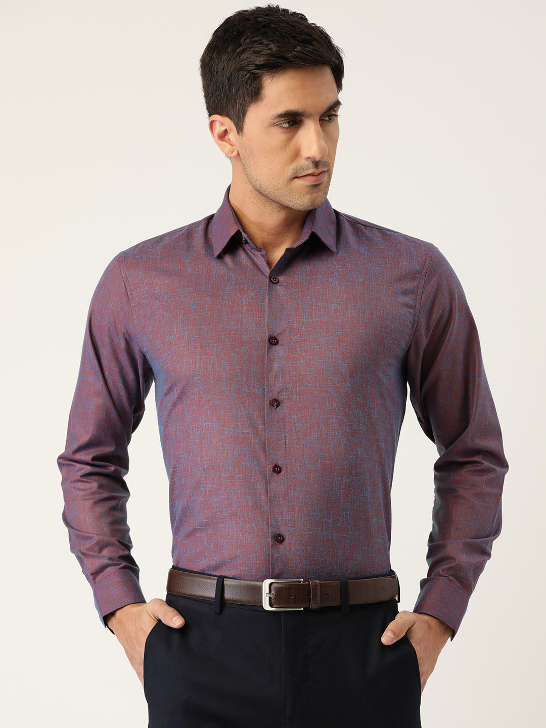 Mens Cotton Linen Dark Purple Solid Formal Shirt