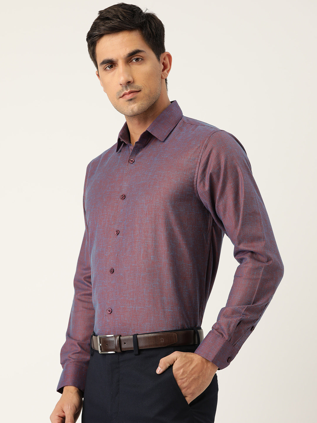 Mens Cotton Linen Dark Purple Solid Formal Shirt