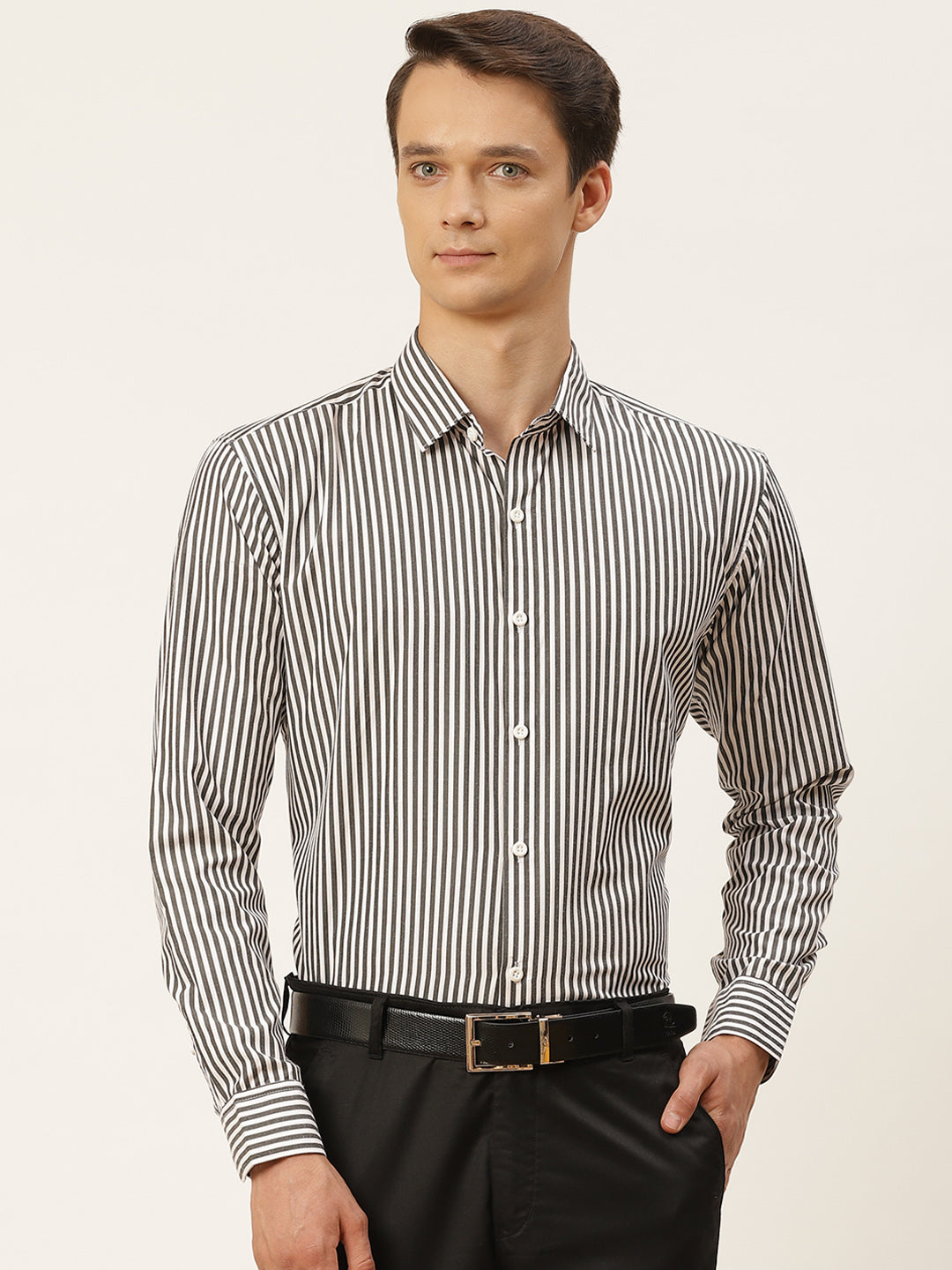 Men's Cotton Black & White Striped Formal Shirt