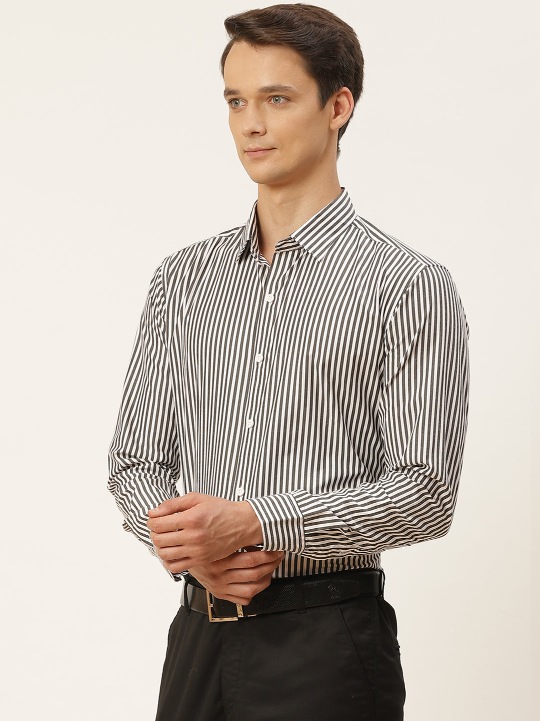 Men's Cotton Black & White Striped Formal Shirt