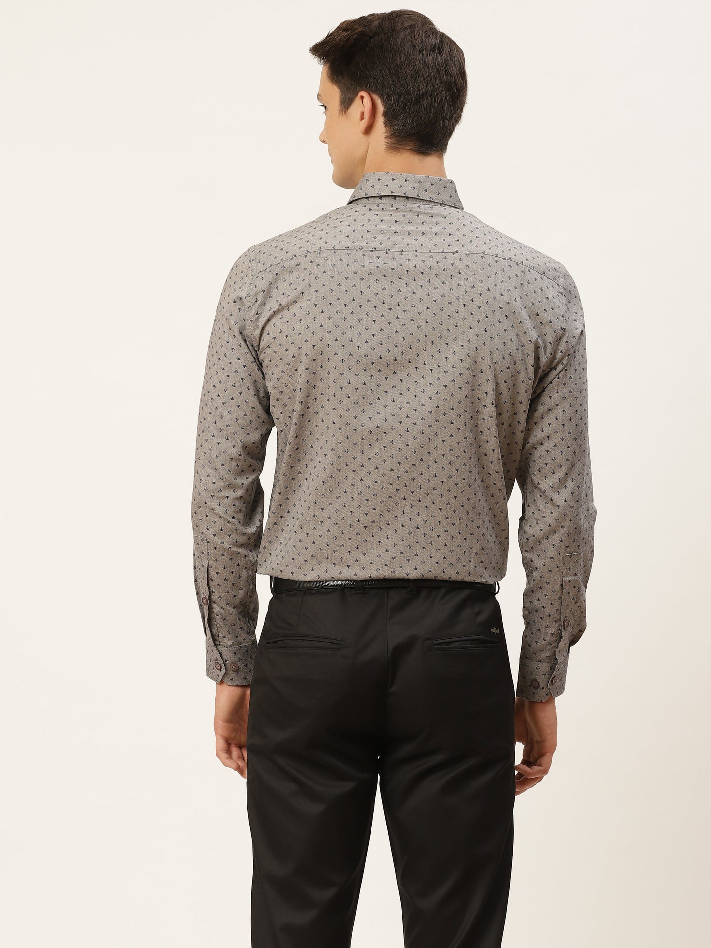 Mens Cotton Grey & Black Printed Formal Shirt