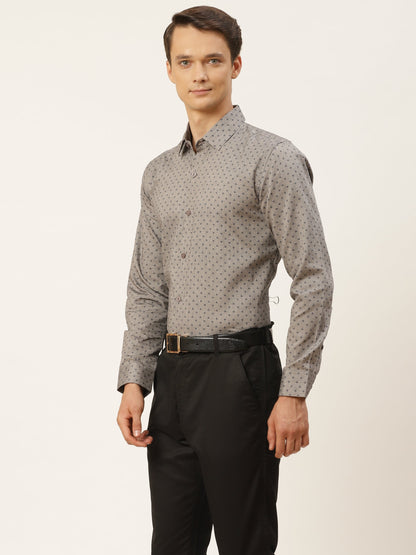 Mens Cotton Grey & Black Printed Formal Shirt