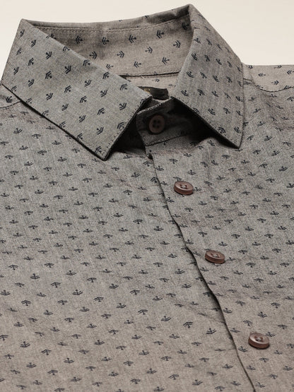 Mens Cotton Grey & Black Printed Formal Shirt