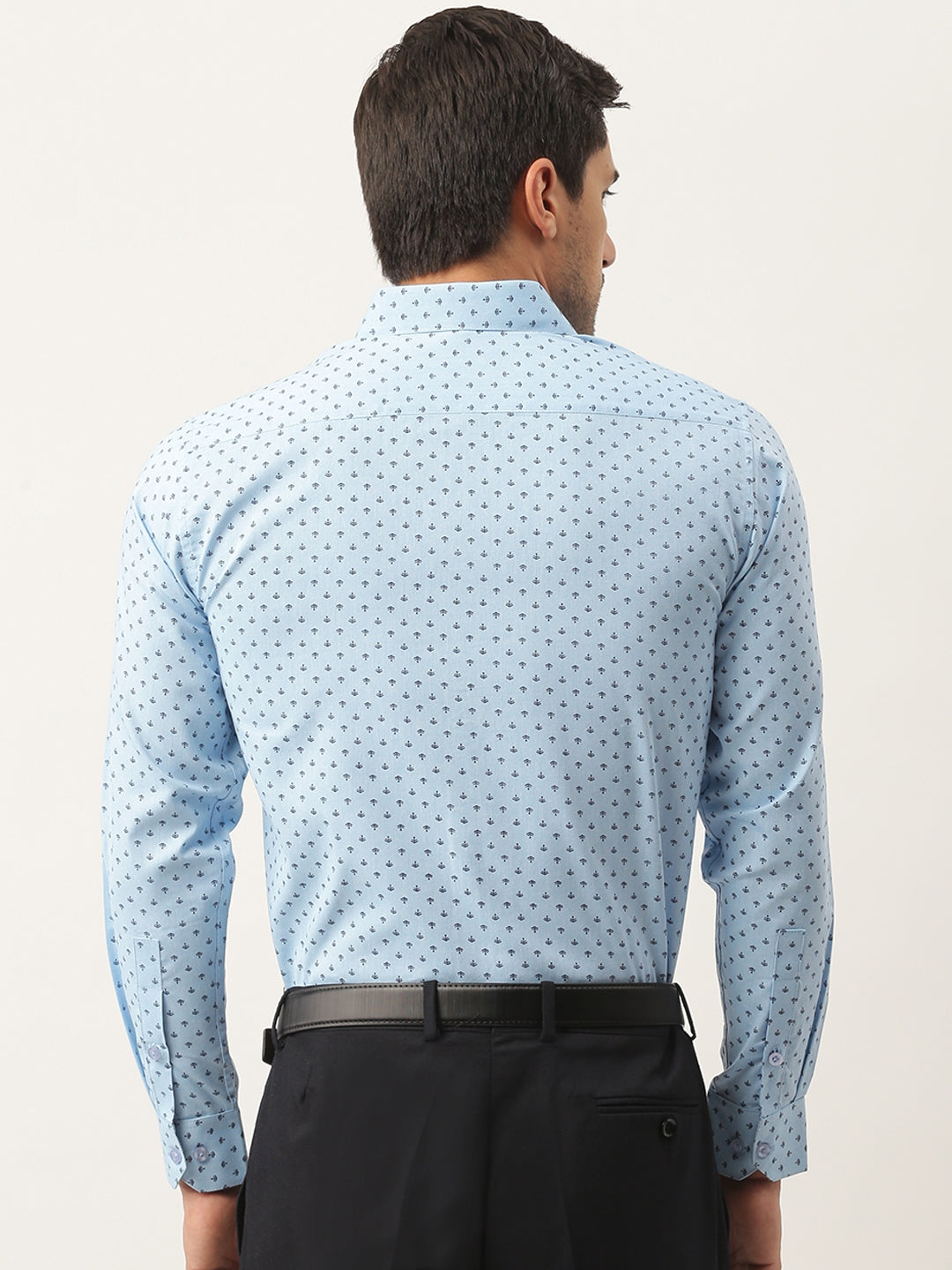 Mens Cotton Sky Blue & Black Printed Formal Shirt