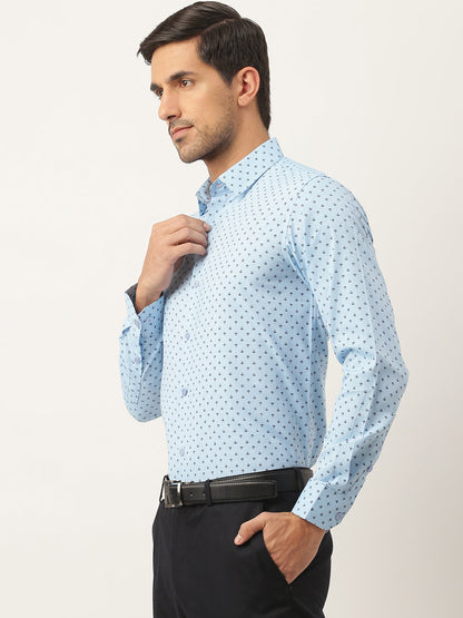 Mens Cotton Sky Blue & Black Printed Formal Shirt