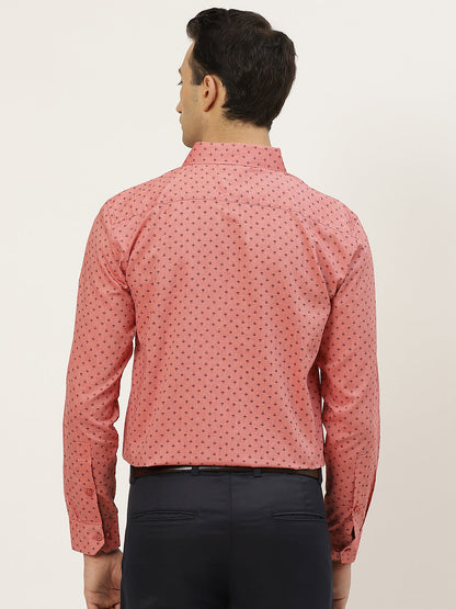 Mens Cotton Coral Red & Black Printed Formal Shirt