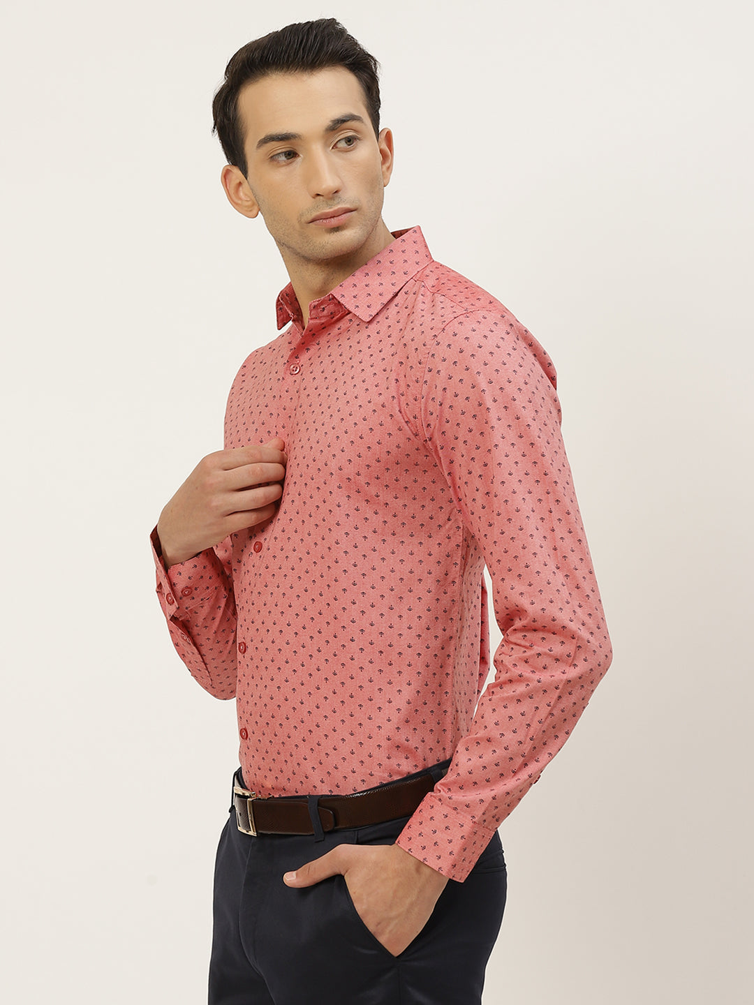 Mens Cotton Coral Red & Black Printed Formal Shirt