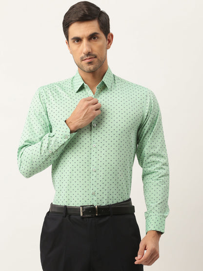 Mens Cotton Green & Black Printed Formal Shirt