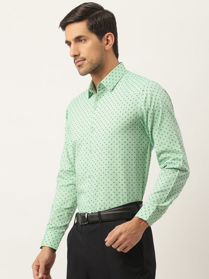 Mens Cotton Green & Black Printed Formal Shirt