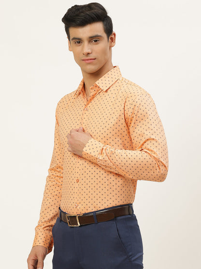 Mens Cotton Peach & Black Printed Formal Shirt