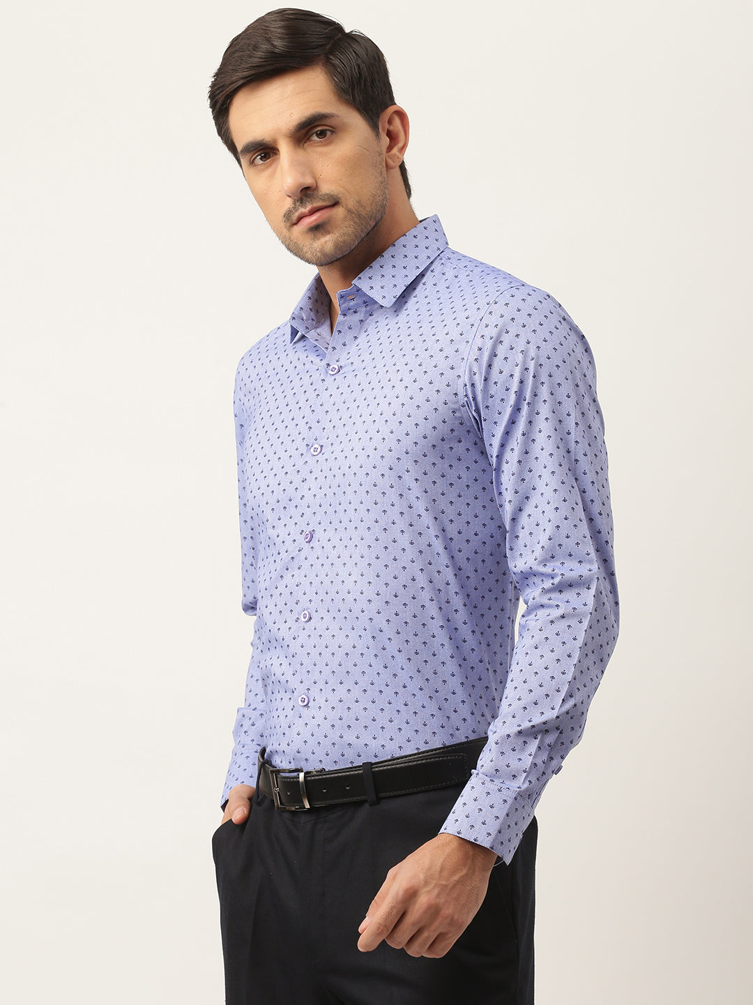 Mens Cotton Blue & Black Printed Formal Shirt