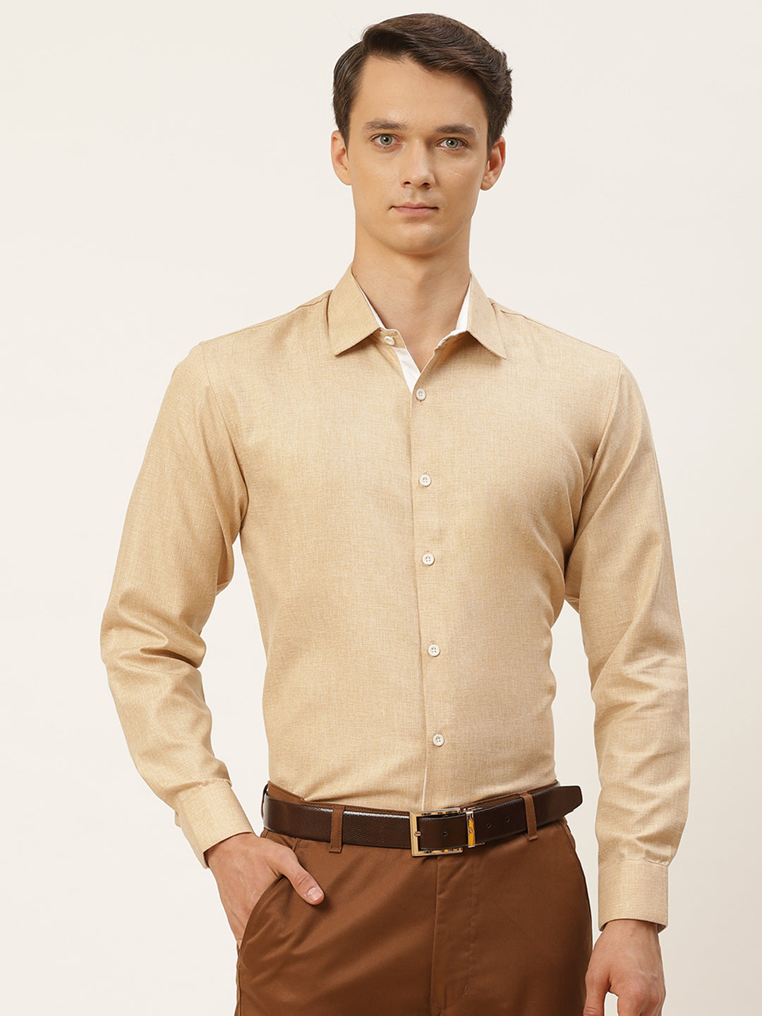 Men's Cotton Linen Brown Formal Shirt