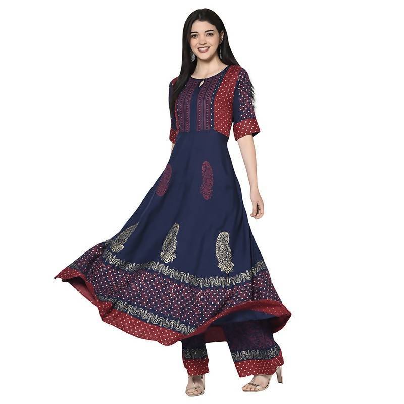 Women's Navy Blue Rayon Block print Anarkali palazzo set