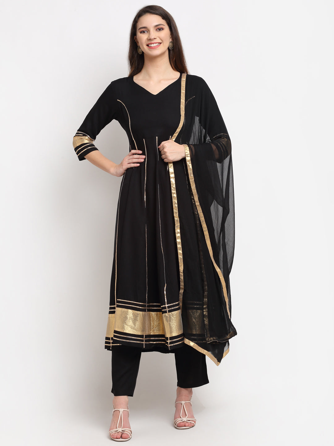 Women's Black Anarkali Kurti And Pyjamas With Duppata - Rudra Bazaar