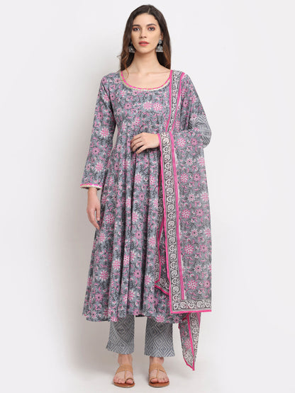 Women's Printed Anarkali Suit Set With Duppata  - Rudra Bazaar