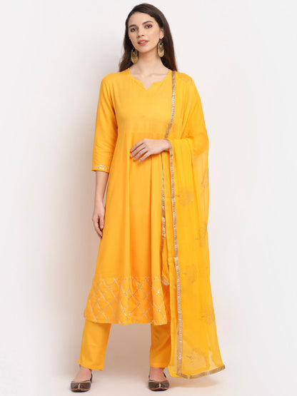 Women Yellow Anarkali Kurti Set With Dupatta By Rudra Bazaar (3Pcs Set)