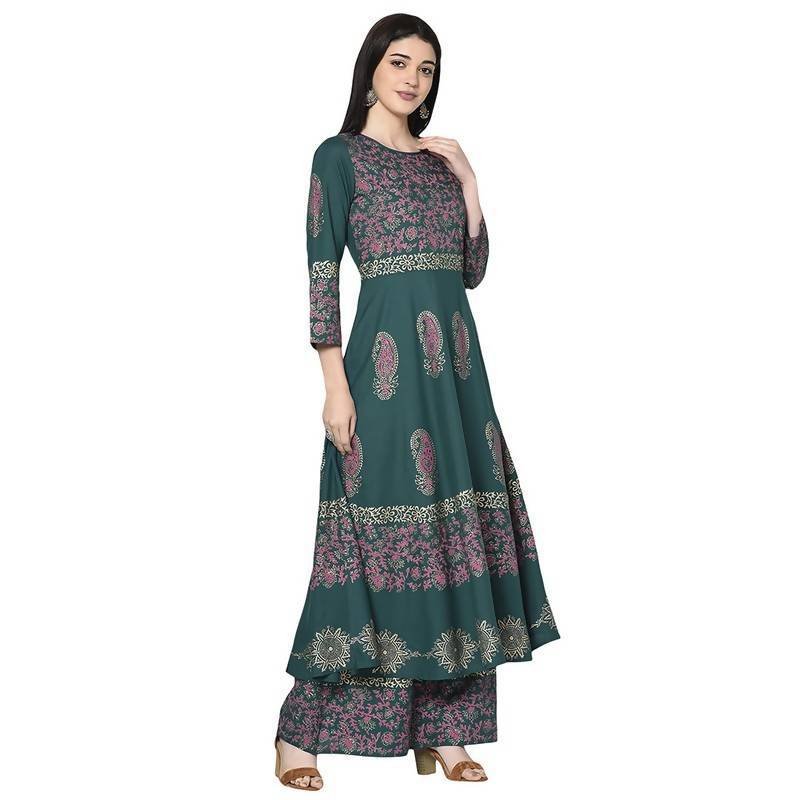 Women's Teal Blue Anarkali suit with Palazzo set by - (2pcs set)