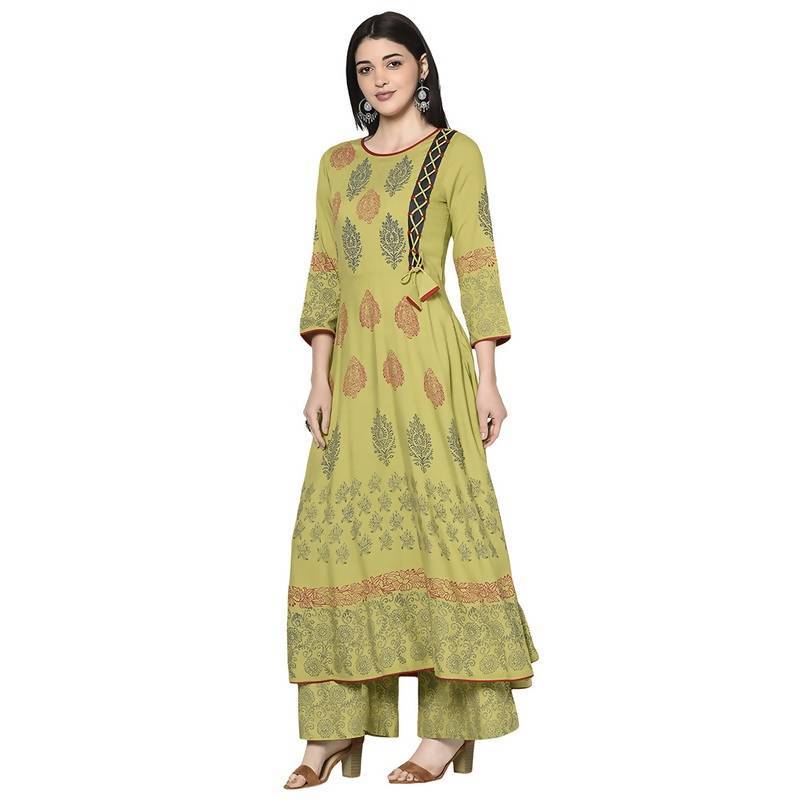 Women's Parrot Green Rayon Block print Anarkali Palazzo set