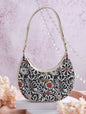 Women's Black Floral Motif Saddle Bag - Priyaasi