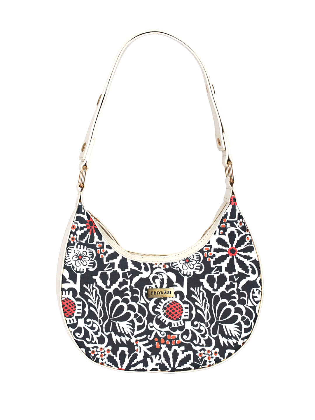 Women's Black Floral Motif Saddle Bag - Priyaasi