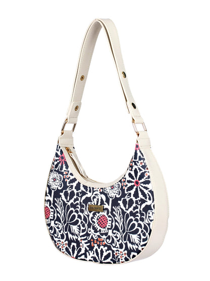 Women's Black Floral Motif Saddle Bag - Priyaasi