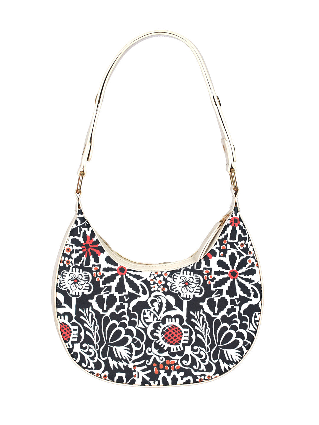 Women's Black Floral Motif Saddle Bag - Priyaasi