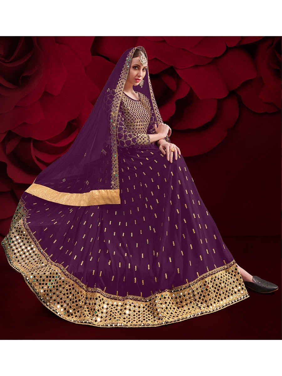 Women's Violet Heavy Embroidered Pant Style Anarkali Suit