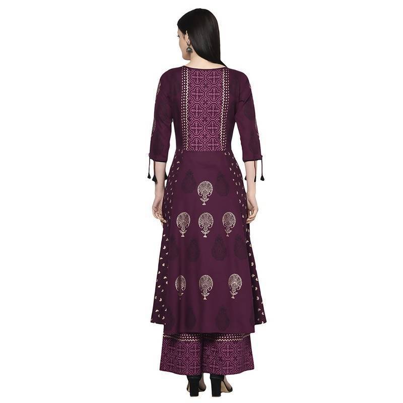 Women's Wine Anarkali Kurta with palazzo set by - (2pcs set)