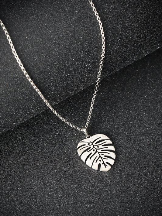 Women's Engraved Leaf Oxidised Silver Pendant Necklace - Priyaasi