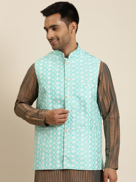 Men's Silk Blend Sea Green Embroidered ONLY Nehrujacket